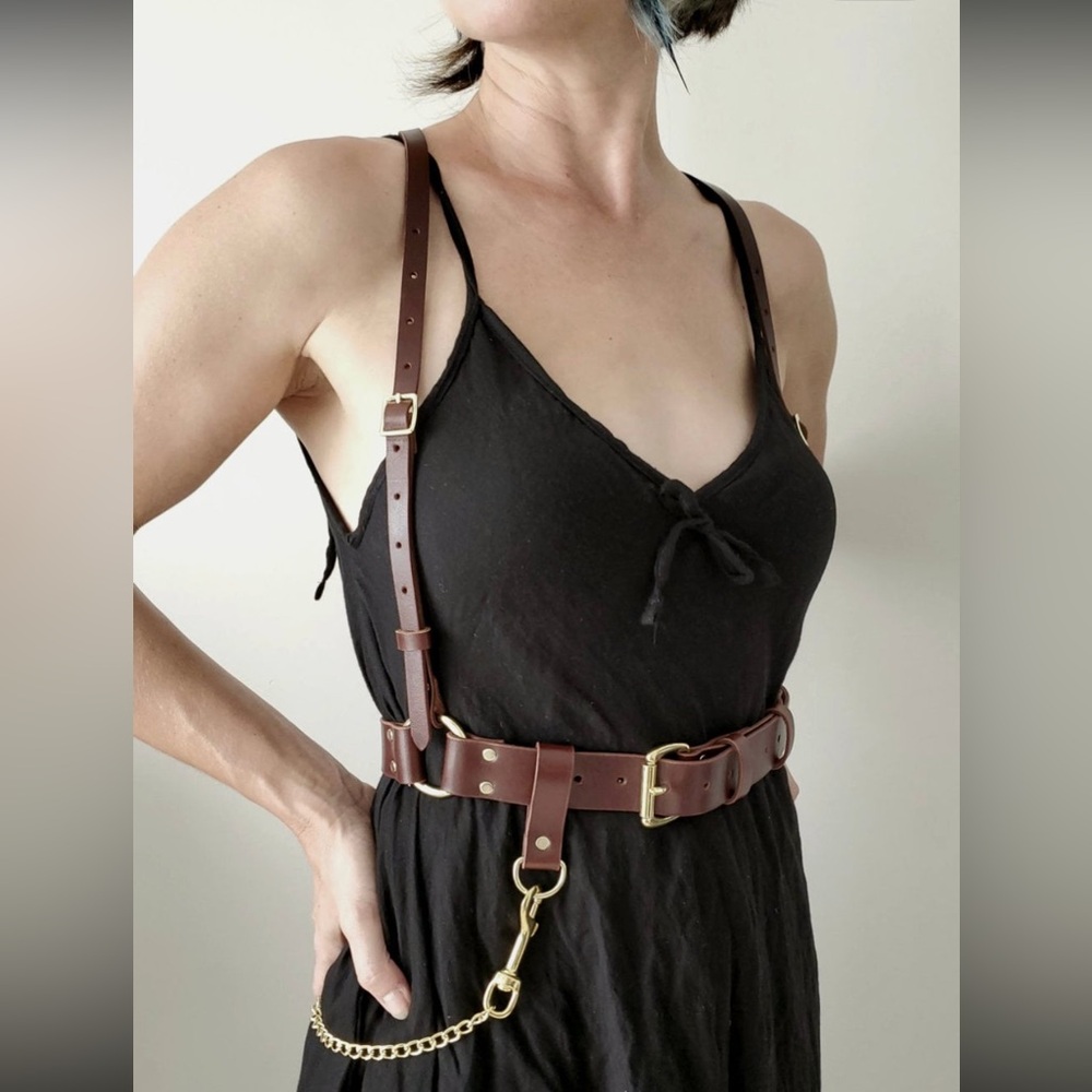 Brown Leather Harness with Gold Accents